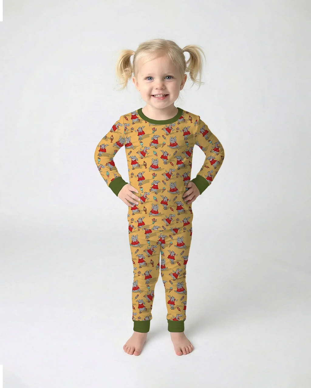 Dancing Hippo Treats Bamboo Two Piece Long Sleeve Pajama Set