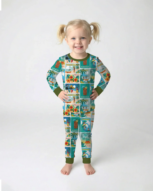 Aloha Postcard Paradise Bamboo Two Piece Long Sleeve Pajama Set