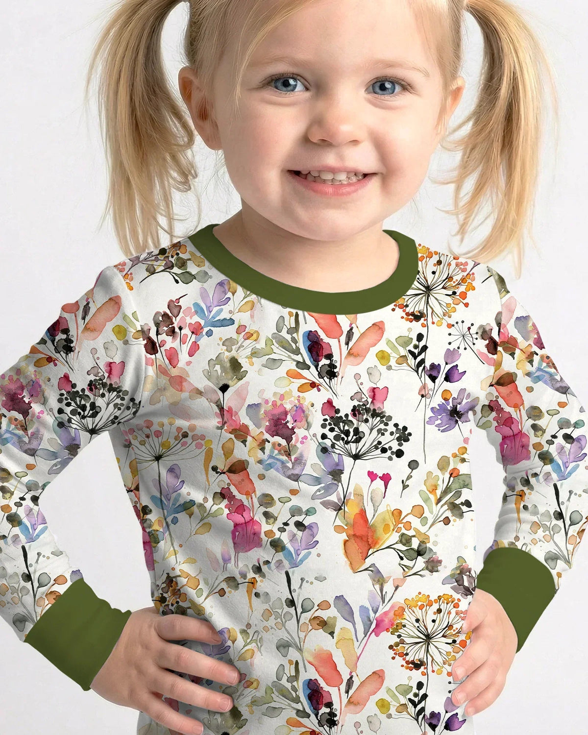 Wildflower Watercolor Garden Bamboo Two Piece Long Sleeve Pajama Set