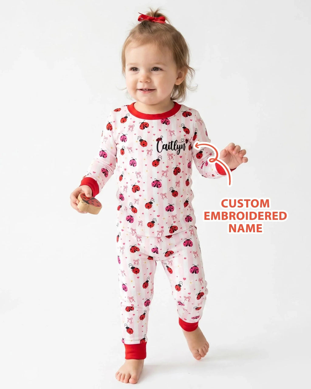 Custom Embroidered Name Ladybug Bamboo Two Piece Long Sleeve Pajama Set