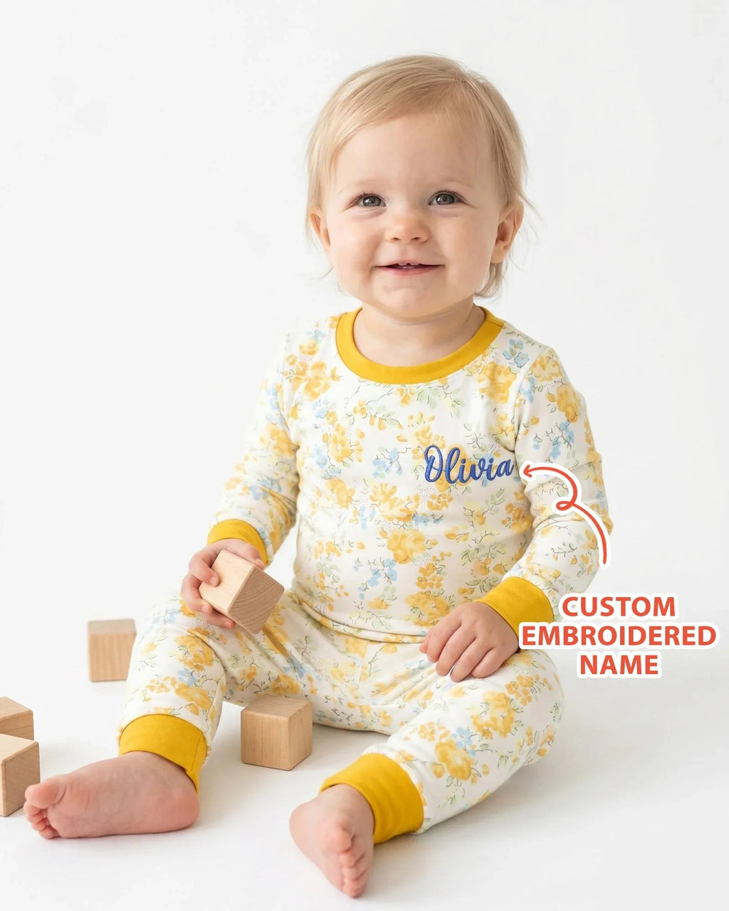 Custom Name Embroidered Floral Bamboo Two Piece Long Sleeve Pajama Set