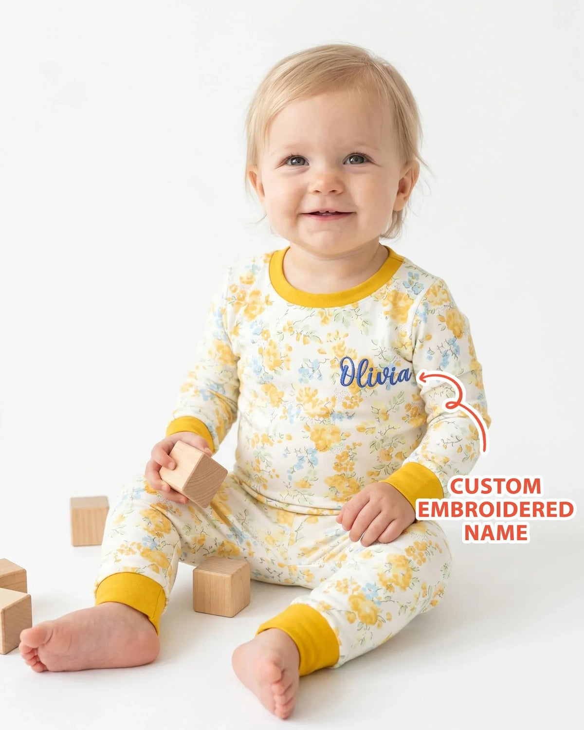 Custom Name Embroidered Floral Bamboo Two Piece Long Sleeve Pajama Set