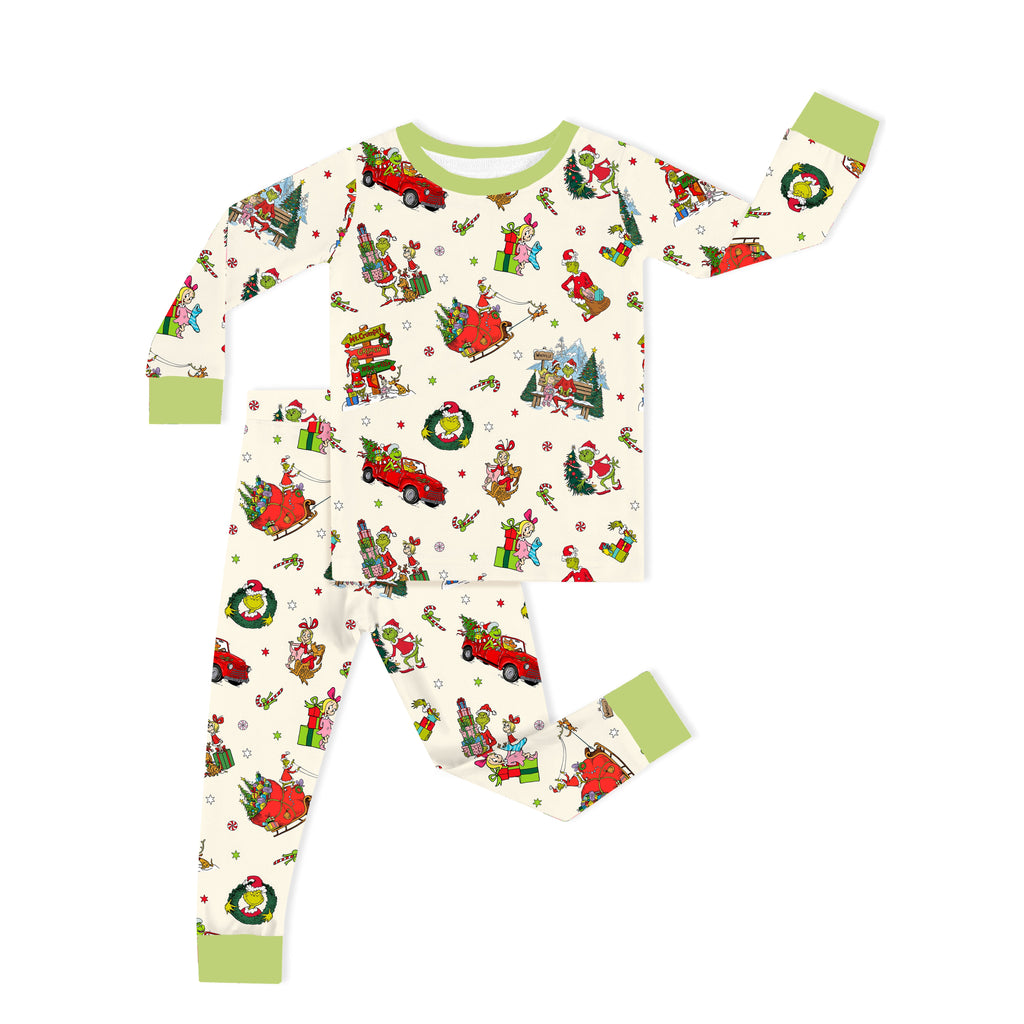 Christmas Green Face Sleigh Gift Ride and Candy Canes Kids Two-Piece Pajama Set