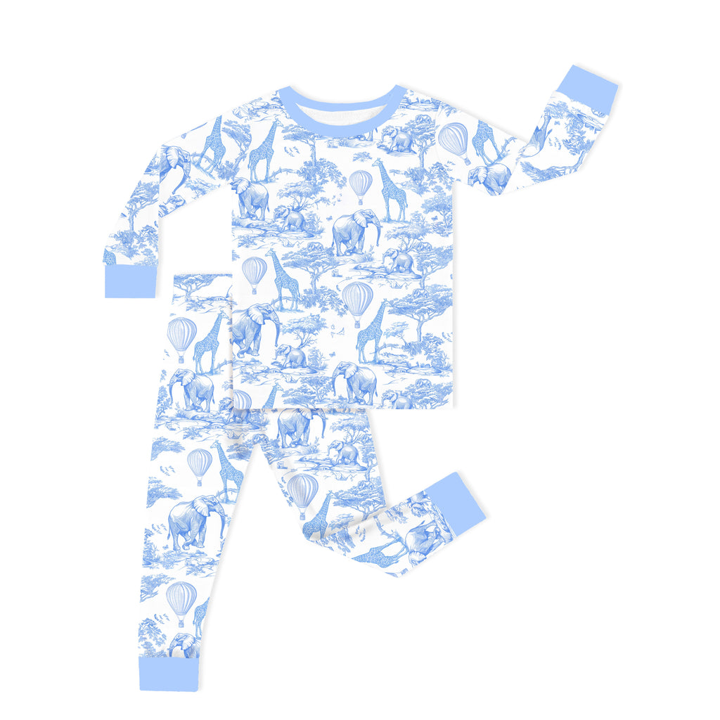 Safari Animal Jungle Sketch Blue Kids Bamboo Two-Piece Pajama Set