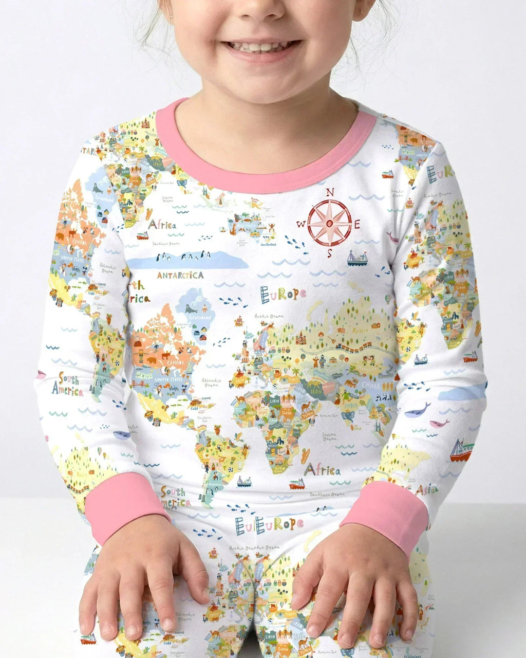 Whimsical World Map Family Matching Bamboo Two Piece Long Sleeve Pajama Set