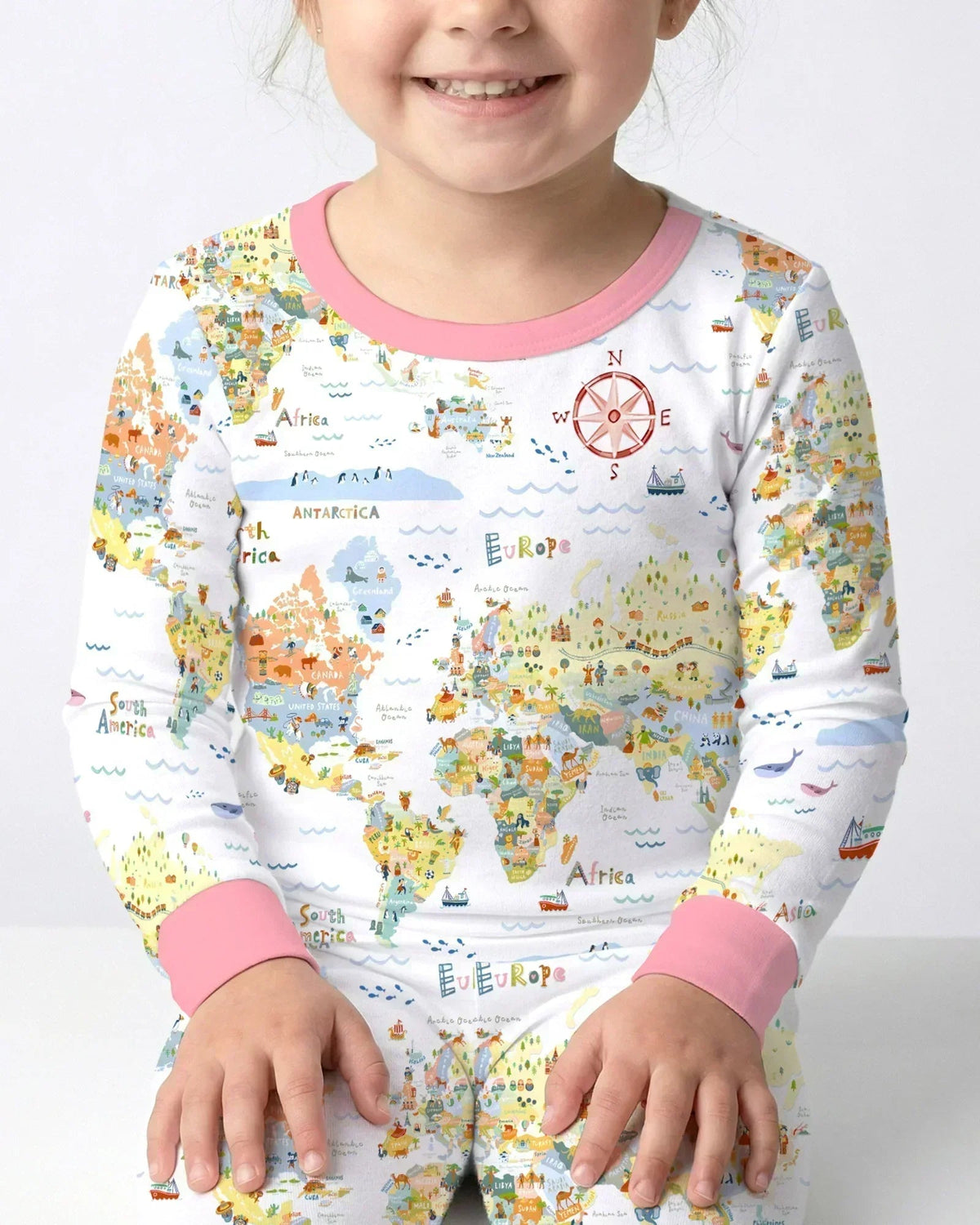 Whimsical World Map Family Matching Bamboo Two Piece Long Sleeve Pajama Set