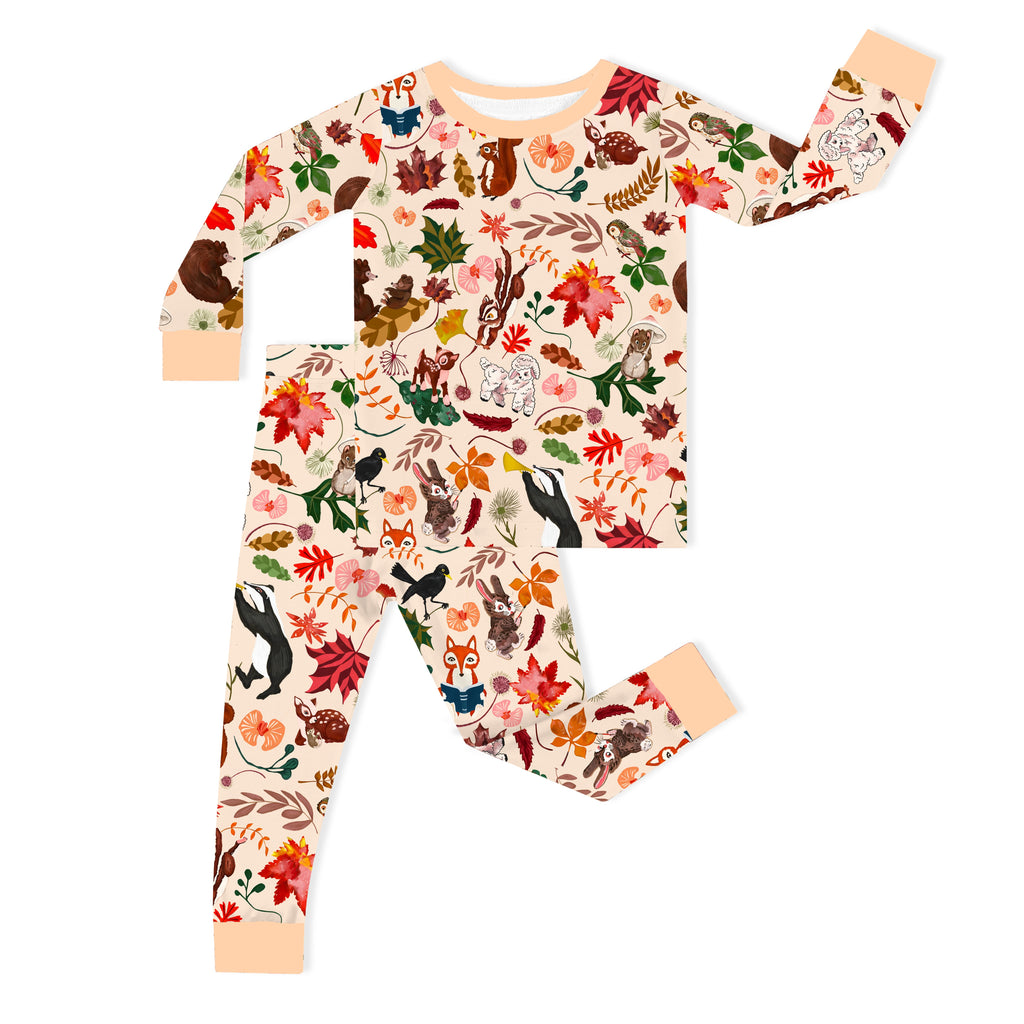 Autumn Woodland Wildlife and Fallen Leaves Peach Kids Two-Piece Pajama Set