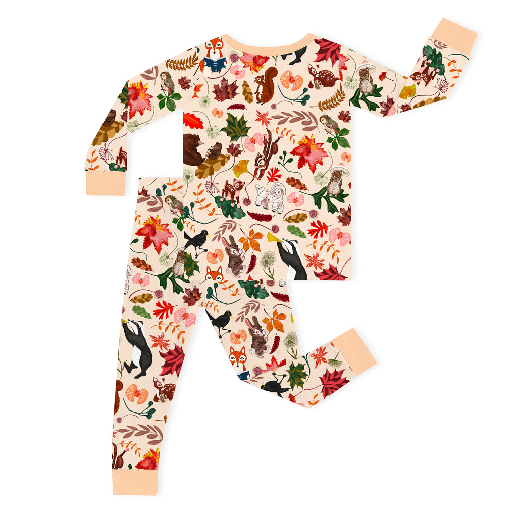 Autumn Woodland Wildlife and Fallen Leaves Peach Kids Two-Piece Pajama Set