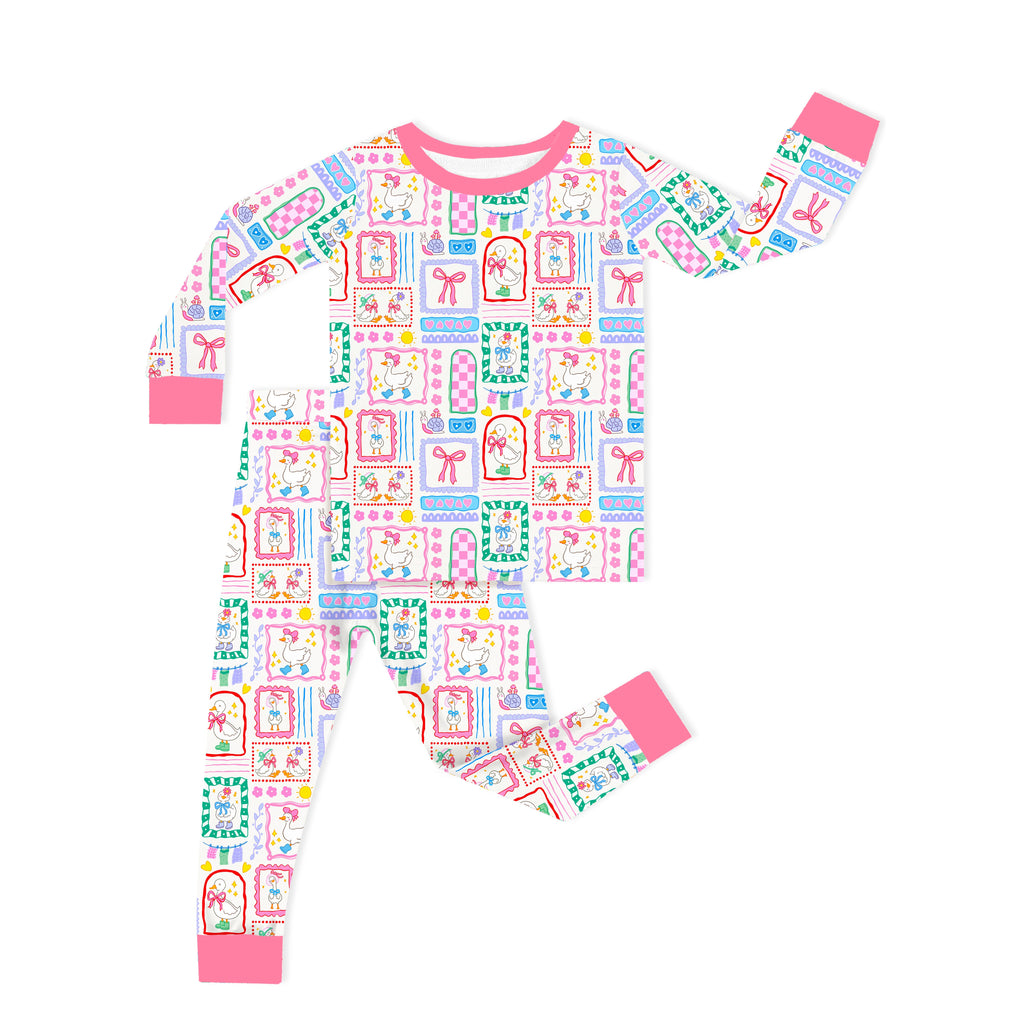 Kids Bamboo Two-Piece Pajama Set Sweet Duck Patchwork Pink Bow