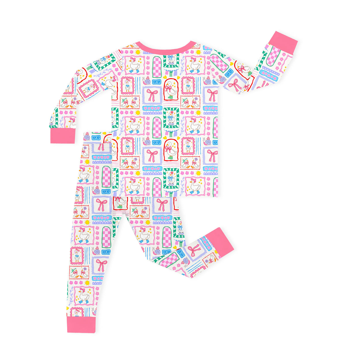 Kids Bamboo Two-Piece Pajama Set Sweet Duck Patchwork Pink Bow