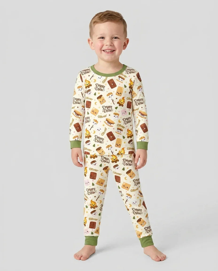 Custom Name Kawaii S'more Crew Family Matching Bamboo Two Piece Long Sleeve Pajama Set