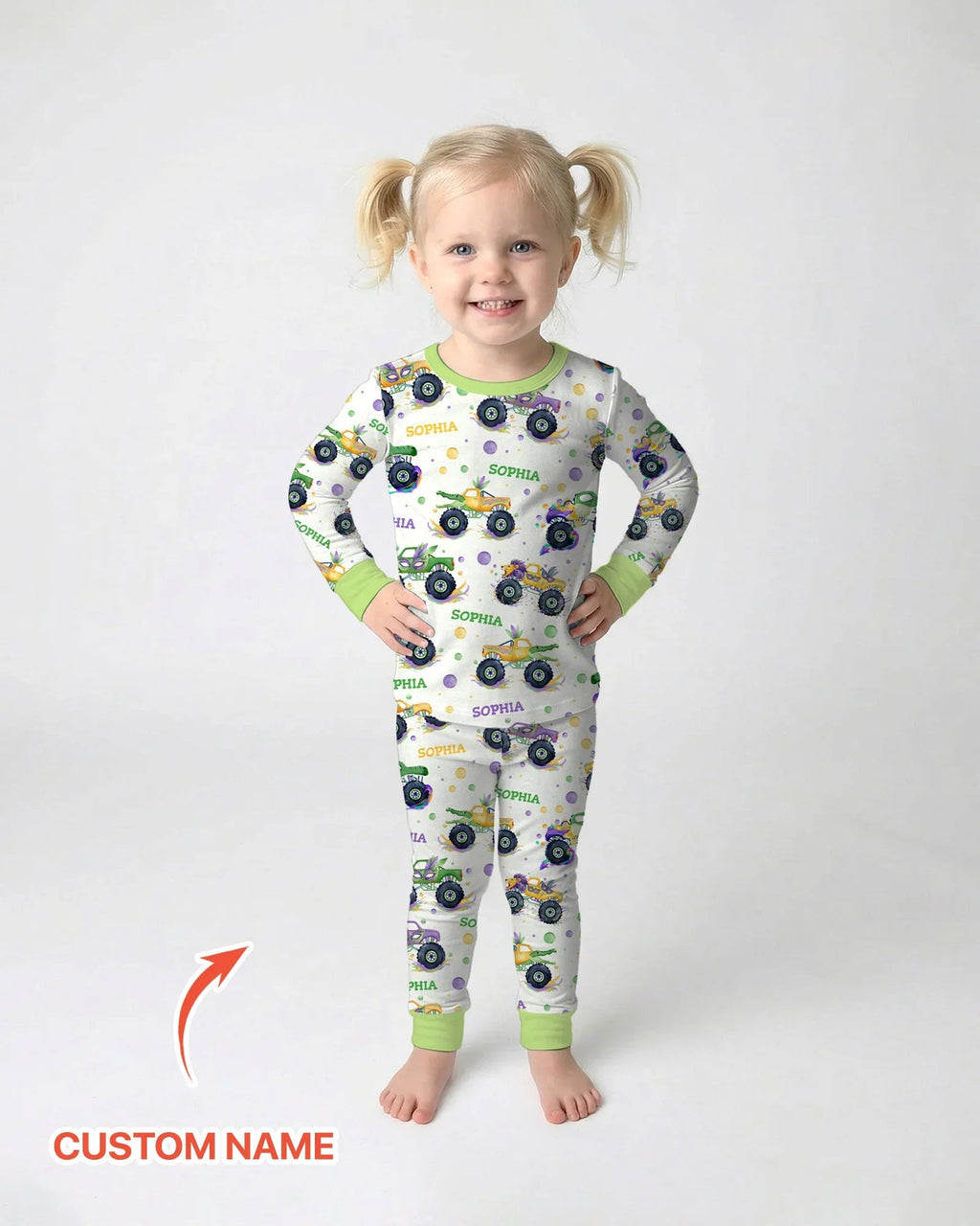 Custom Name Mardi Gras Monster Trucks Bamboo Two Piece Long Sleeve Pajama Set