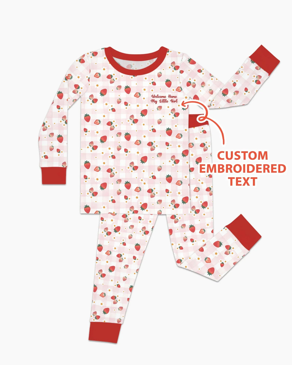 Embroidered Custom Text Strawberry Bamboo Two Piece Long Sleeve Pajama Set
