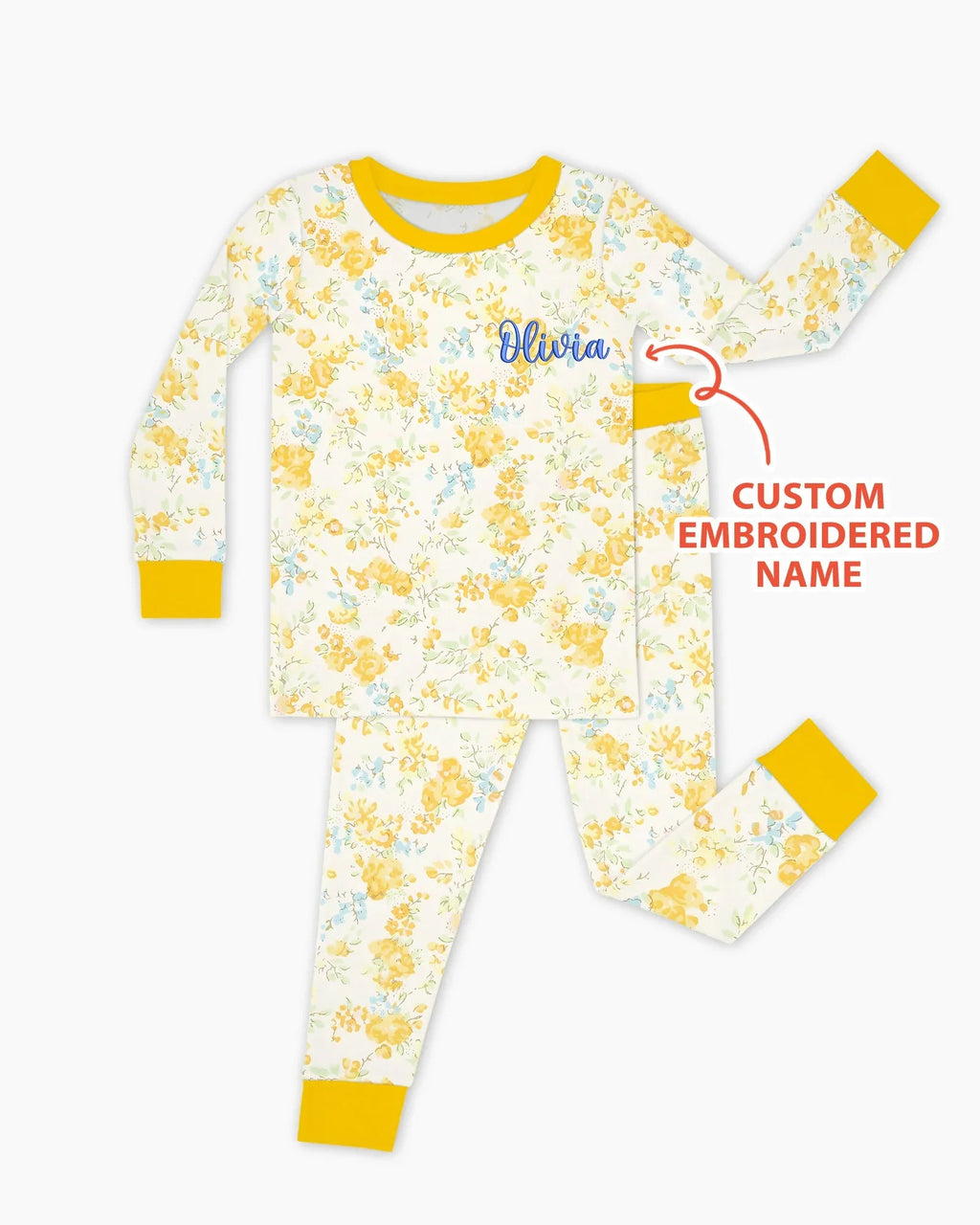 Custom Name Embroidered Floral Bamboo Two Piece Long Sleeve Pajama Set