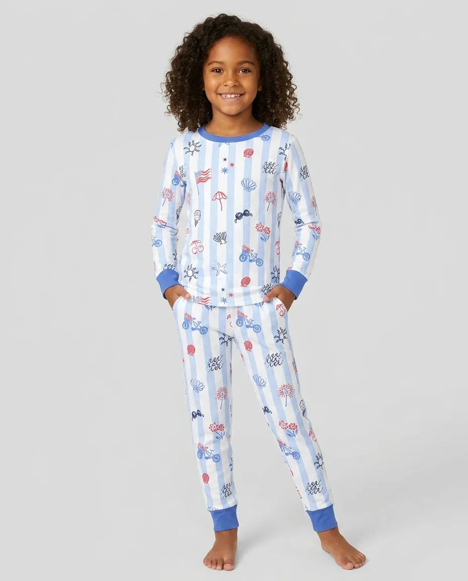 Red, White & Beachy Family Matching Bamboo Two Piece Long Sleeve Pajama Set