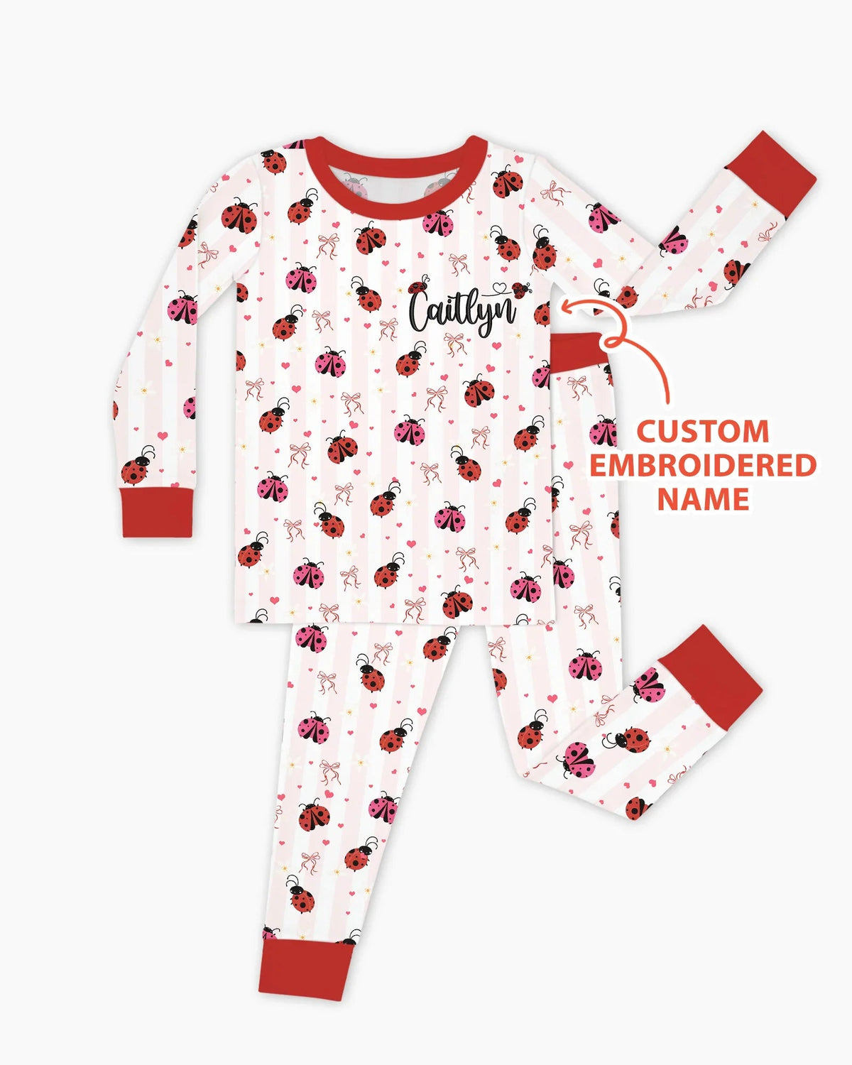 Custom Embroidered Name Ladybug Bamboo Two Piece Long Sleeve Pajama Set