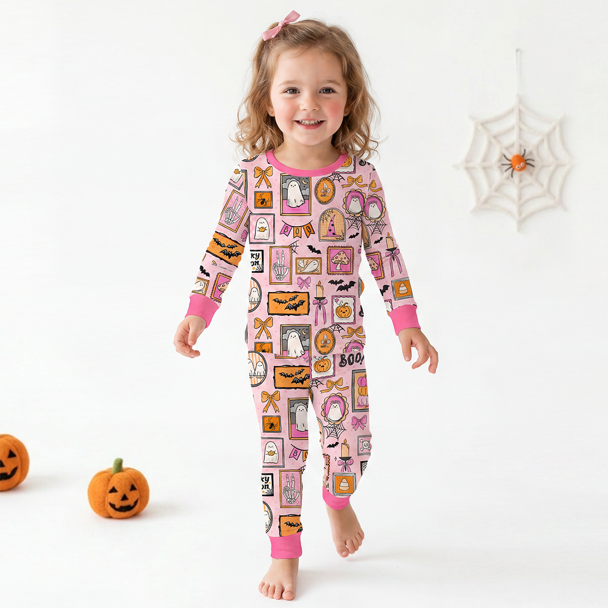 Halloween Pink Spooky Gallery Kids Bamboo Two-Piece Pajama Set