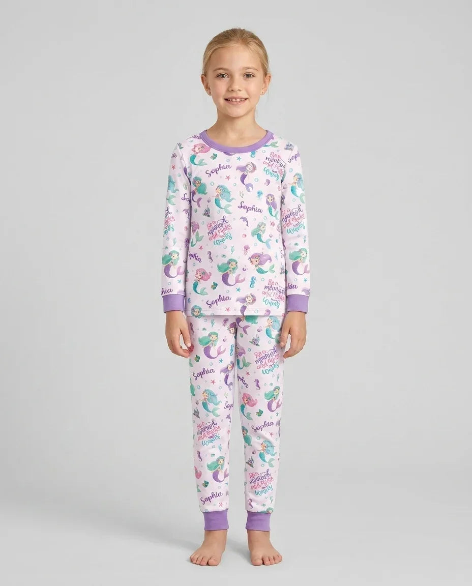 Custom Name Mermaid Make Waves Bamboo Two Piece Long Sleeve Pajama Set