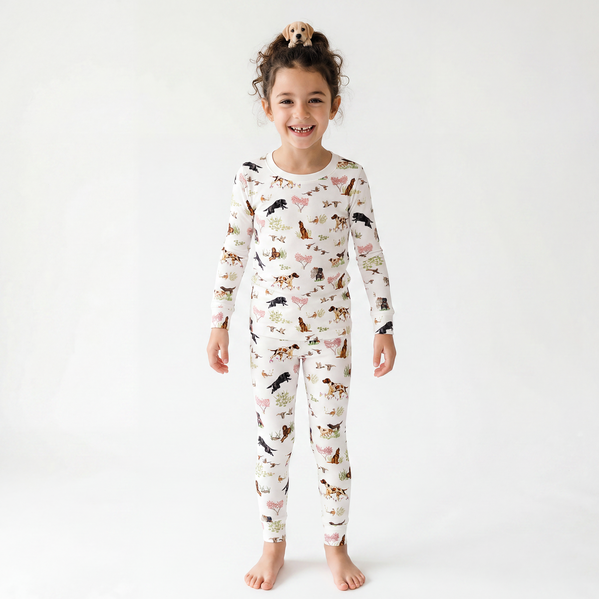 Kids Bamboo Two-Piece Pajama Set Hunting Puppy Dog and Game Bird