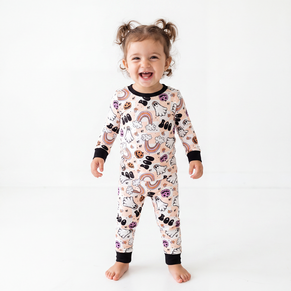 Halloween Pumpkin Ghost Rainbow Kids Bamboo Two-Piece Pajama Set