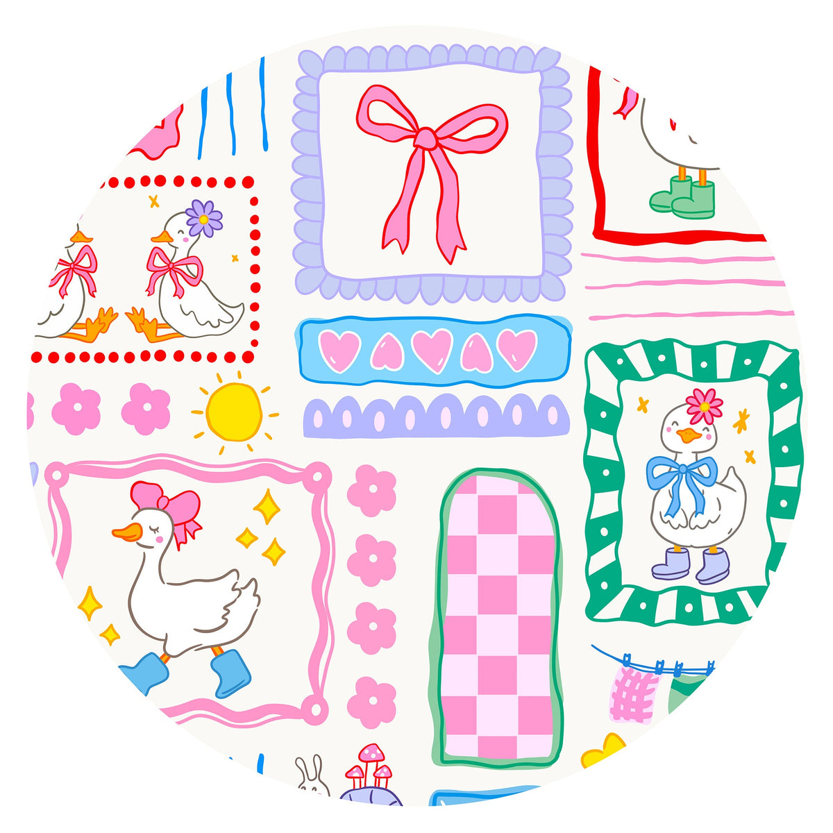 Kids Bamboo Two-Piece Pajama Set Sweet Duck Patchwork Pink Bow