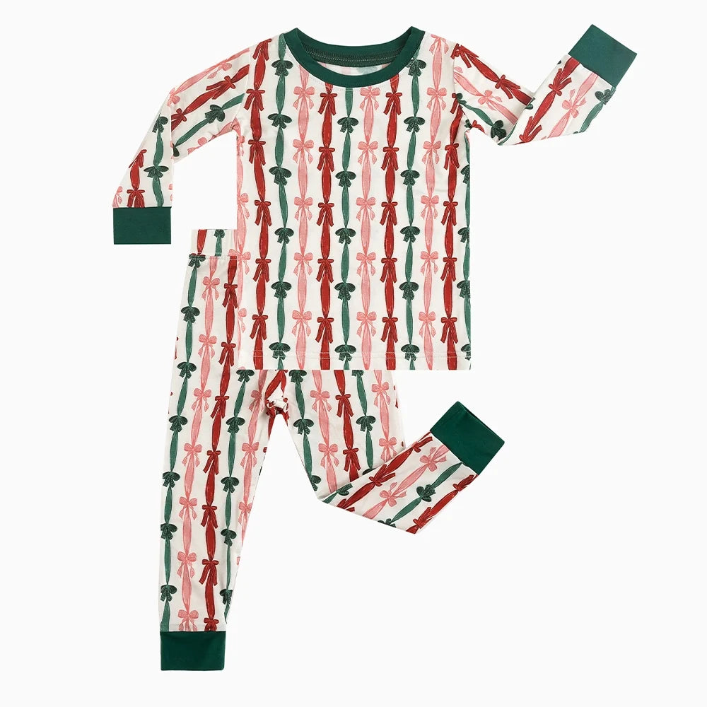 Three-color Striped Bow Kids Bamboo Two-Piece Pajama Set