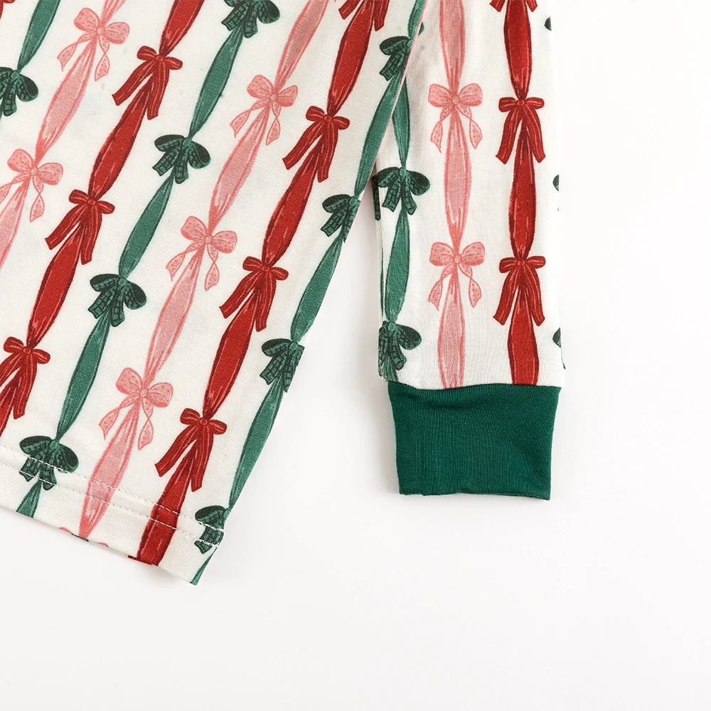 Three-color Striped Bow Kids Bamboo Two-Piece Pajama Set