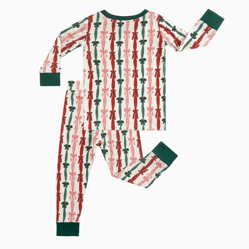 Three-color Striped Bow Kids Bamboo Two-Piece Pajama Set