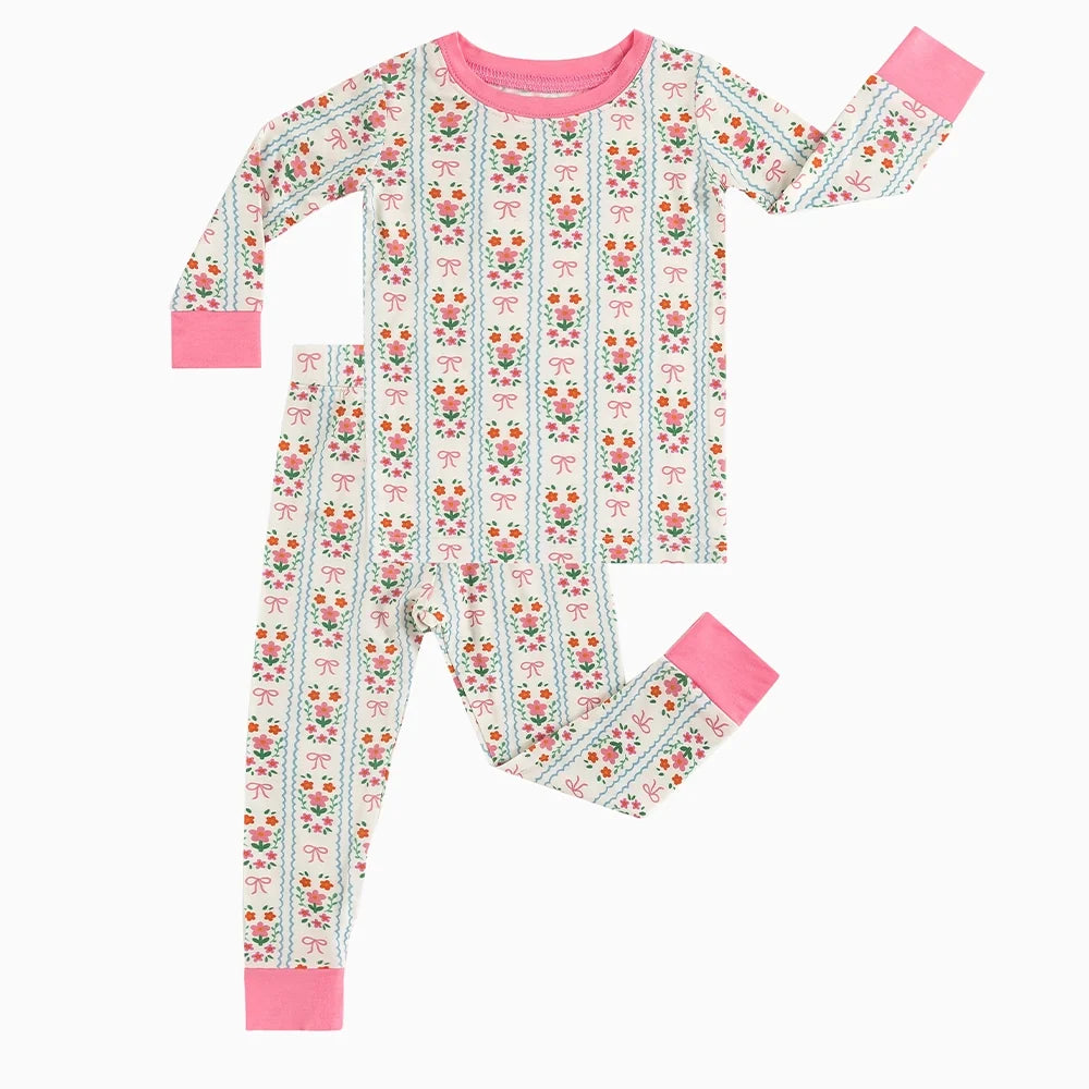 Pink Flower Stripes Bamboo Long Sleeve Pajama Set