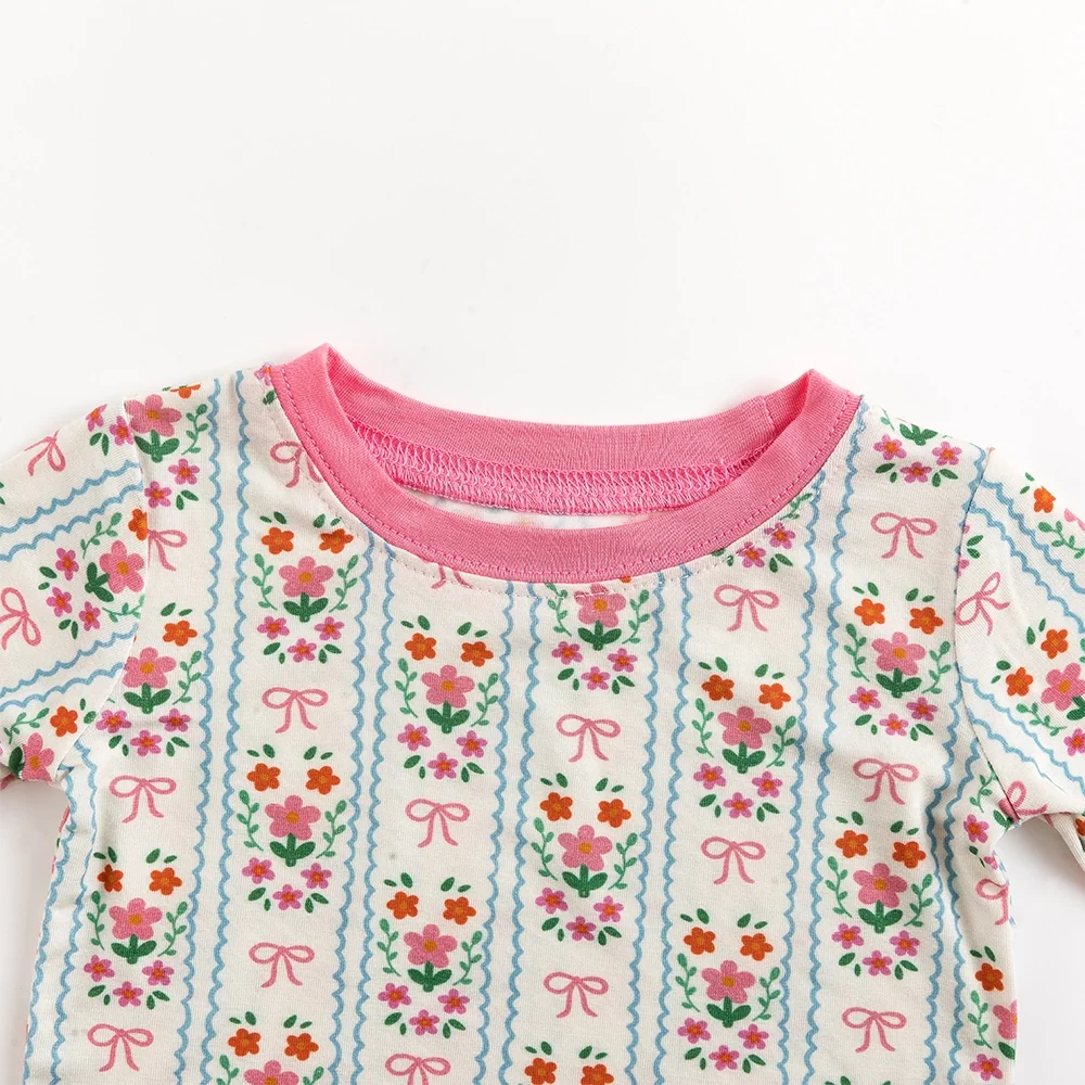Pink Flower Stripes Bamboo Long Sleeve Pajama Set