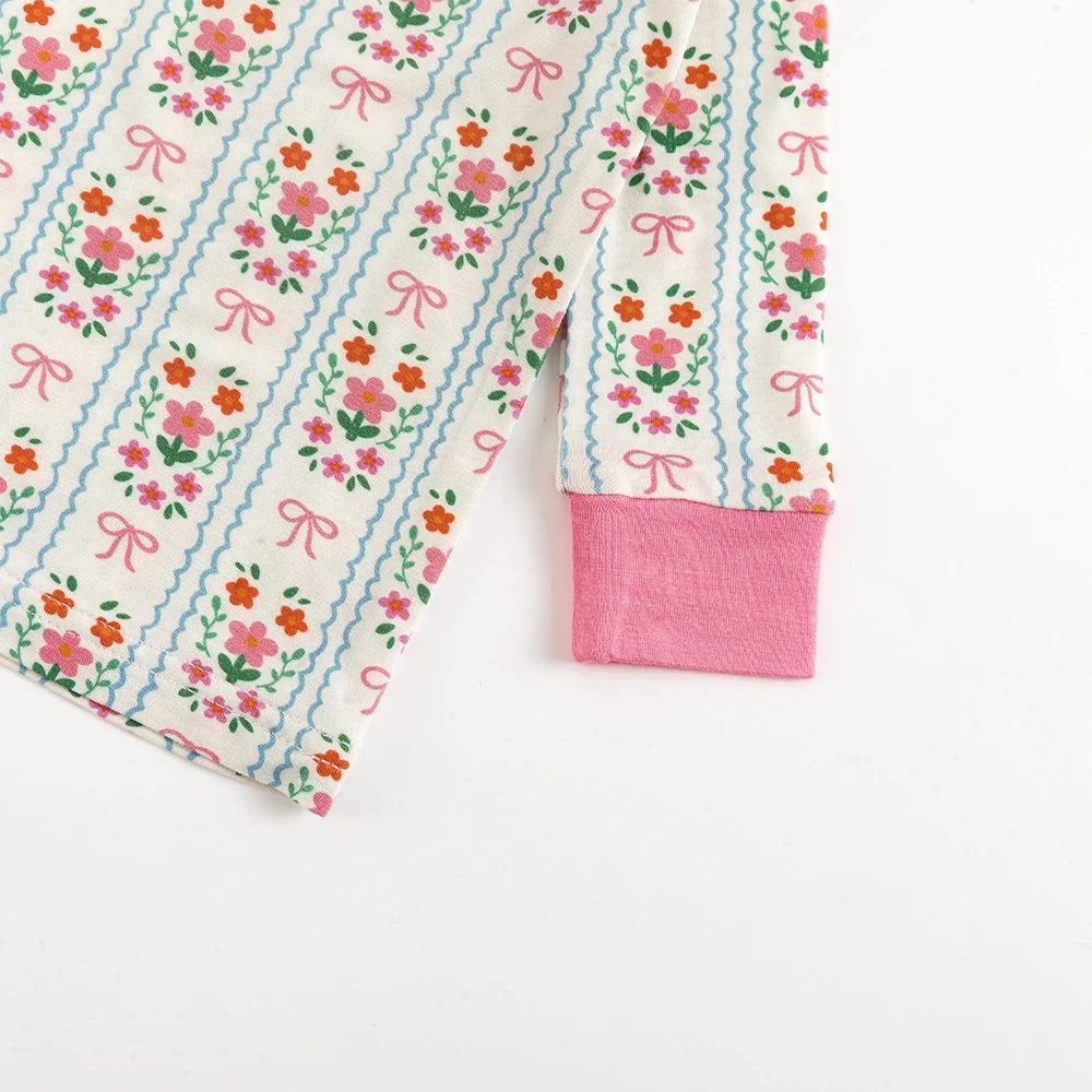 Pink Flower Stripes Bamboo Long Sleeve Pajama Set