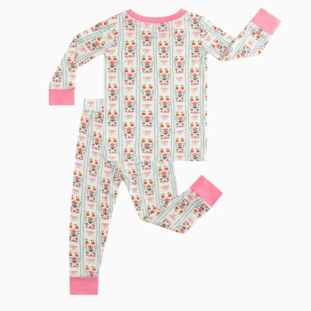 Pink Flower Stripes Bamboo Long Sleeve Pajama Set