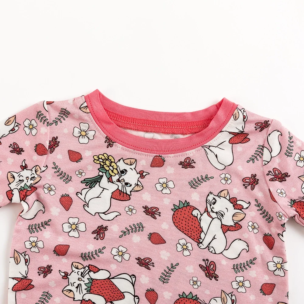 Cat Strawberry Flowers Bamboo Long Sleeve Pajama Set