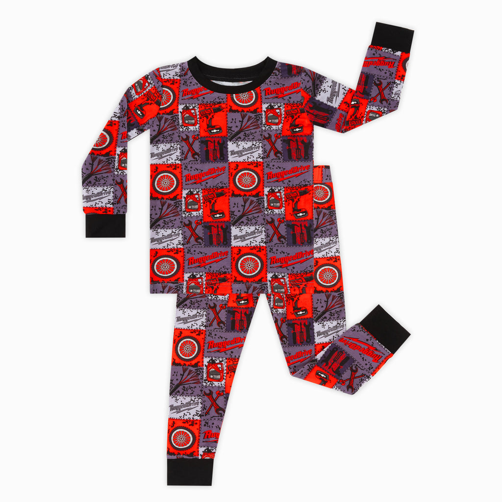 Kids Bamboo Two-Piece Pajama Set Red-Black Plaid Drive Wheels and Tools Game