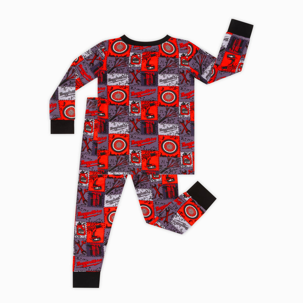 Kids Bamboo Two-Piece Pajama Set Red-Black Plaid Drive Wheels and Tools Game