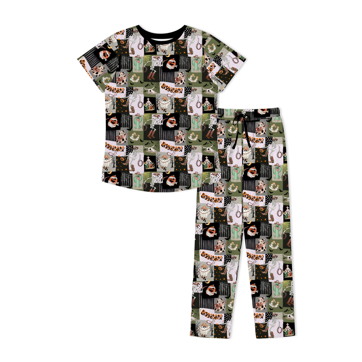 Halloween Western Cowboy Patchwork Print Bamboo Women's Pajamas Set