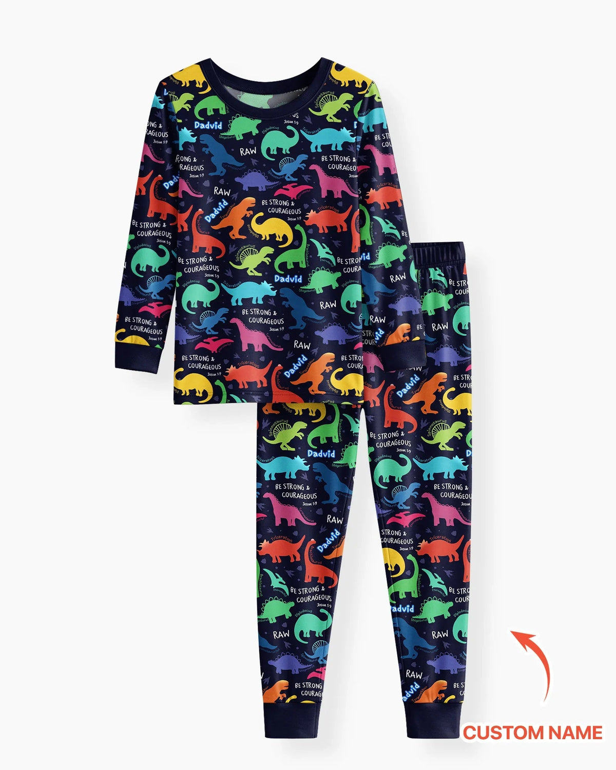 Be Strong and Courageous Dinosaur Christian Bamboo Two Piece Long Sleeve Pajama Set