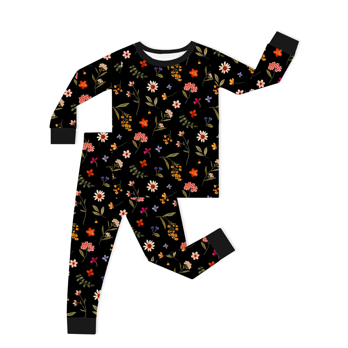 Kids Bamboo Two-Piece Pajama Set Midnight Wildflower Floral Fantasy