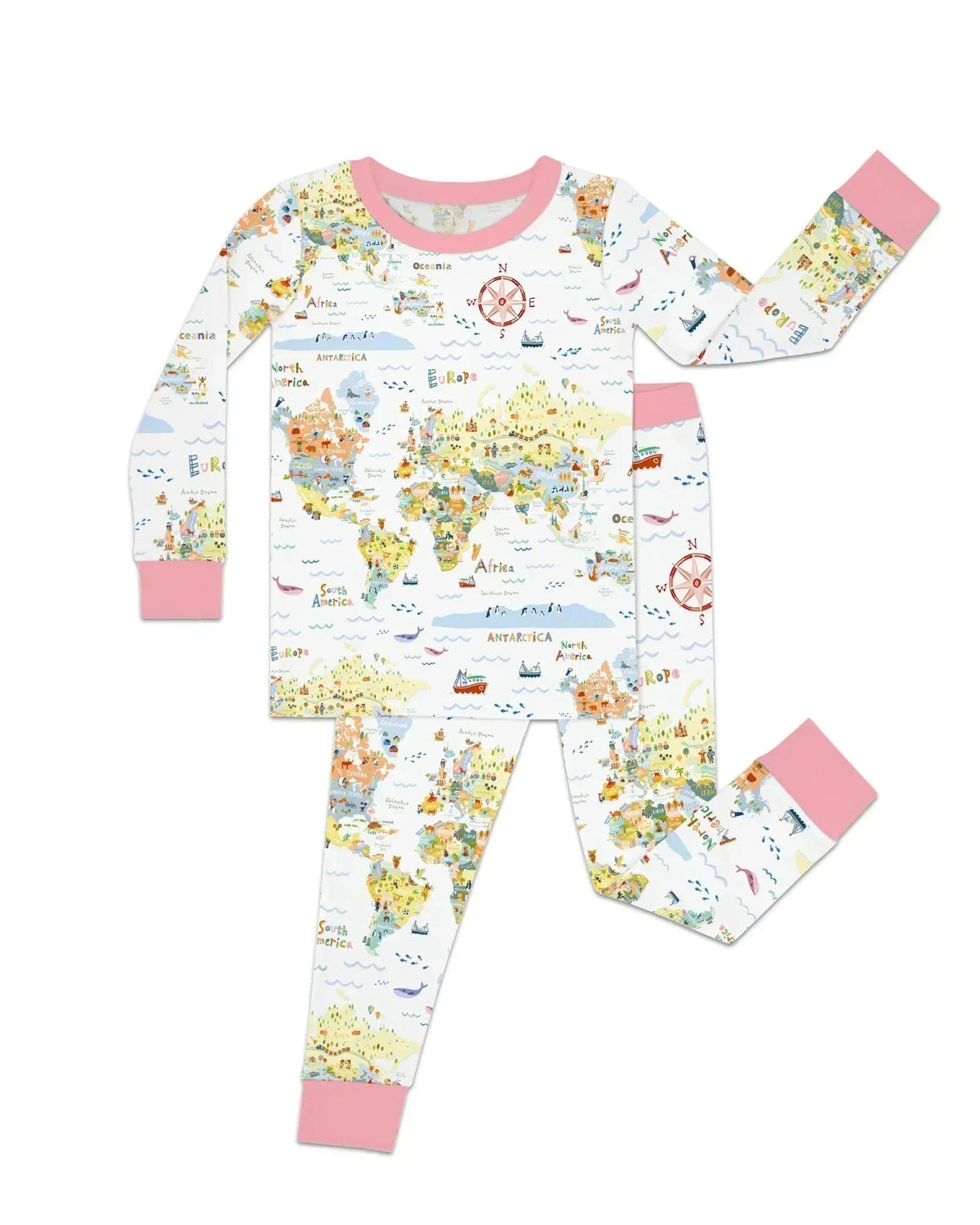 Whimsical World Map Family Matching Bamboo Two Piece Long Sleeve Pajama Set
