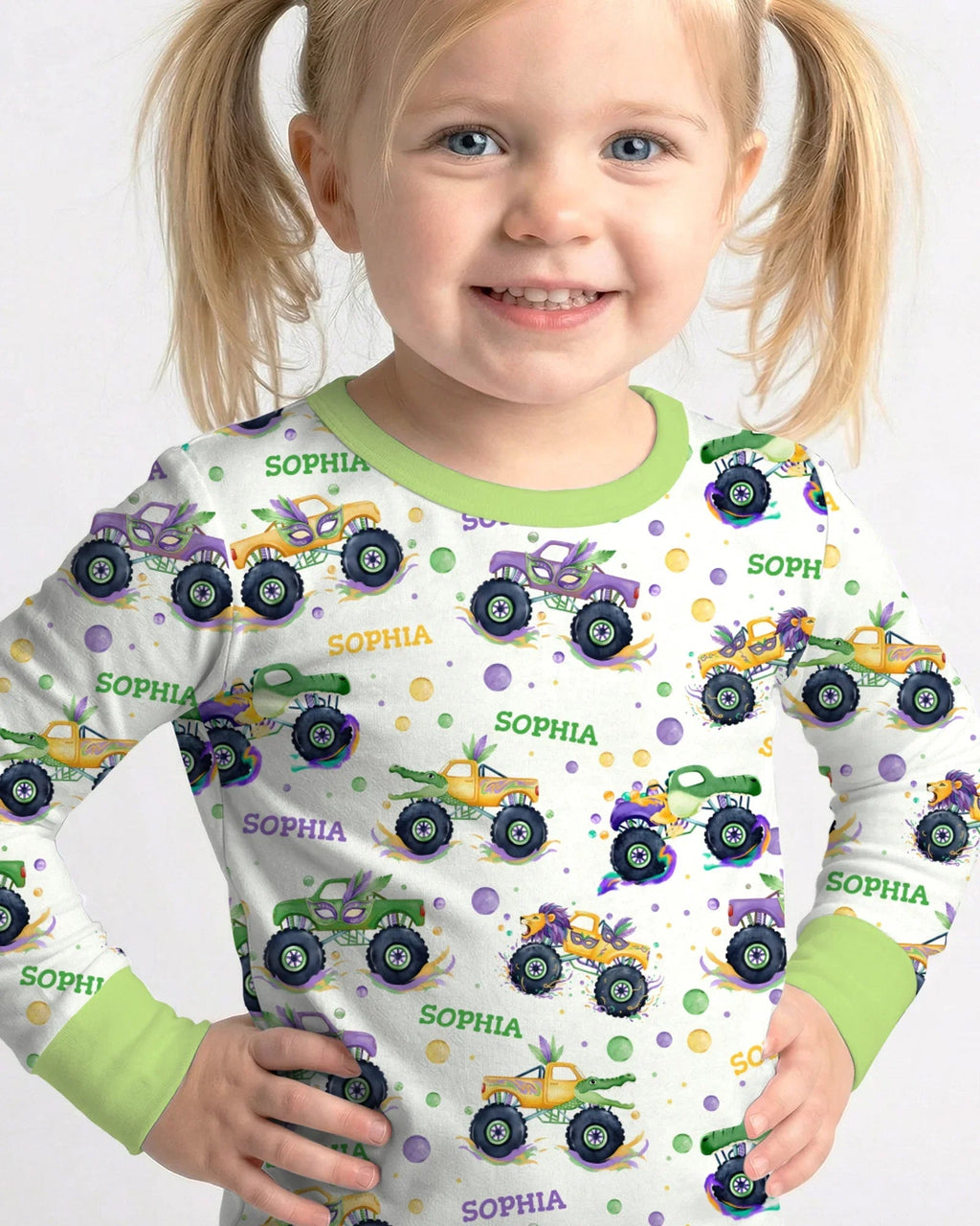Custom Name Mardi Gras Monster Trucks Bamboo Two Piece Long Sleeve Pajama Set