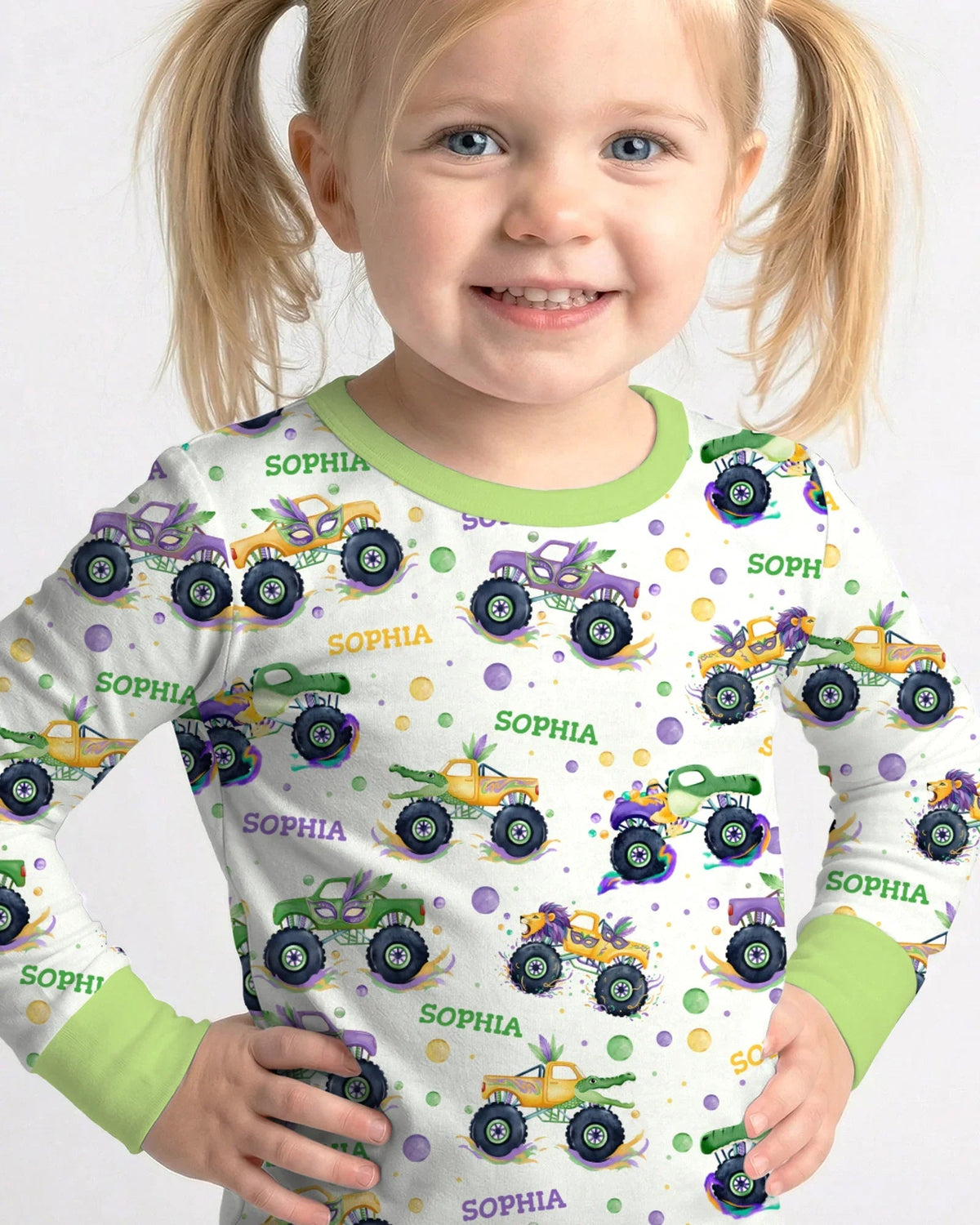 Custom Name Mardi Gras Monster Trucks Bamboo Two Piece Long Sleeve Pajama Set