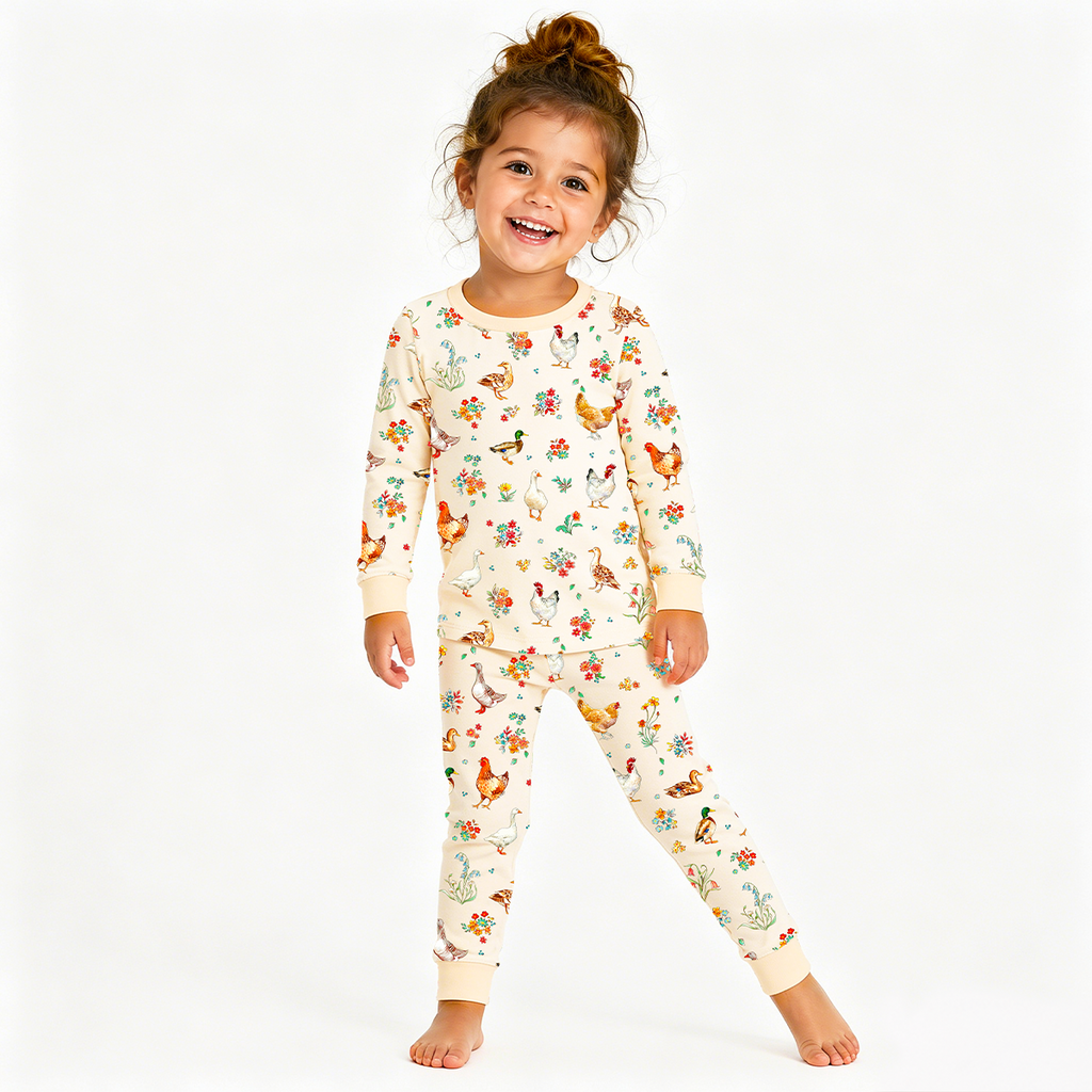 Kids Bamboo Two-Piece Pajama Set Farm Duck and Chicken in Wildflower Floral
