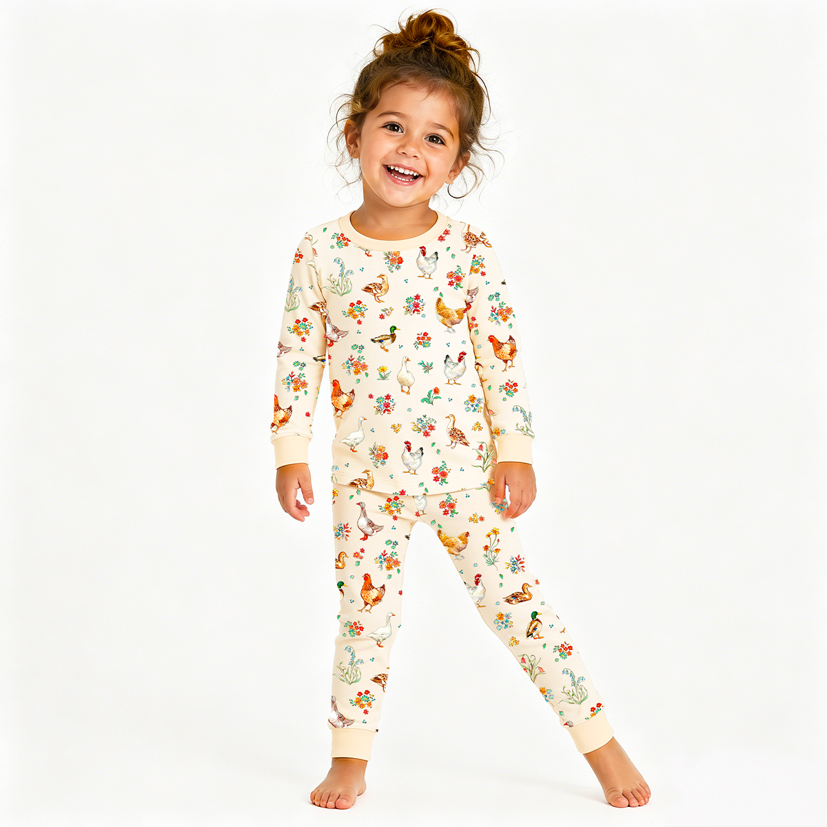 Kids Bamboo Two-Piece Pajama Set Farm Duck and Chicken in Wildflower Floral