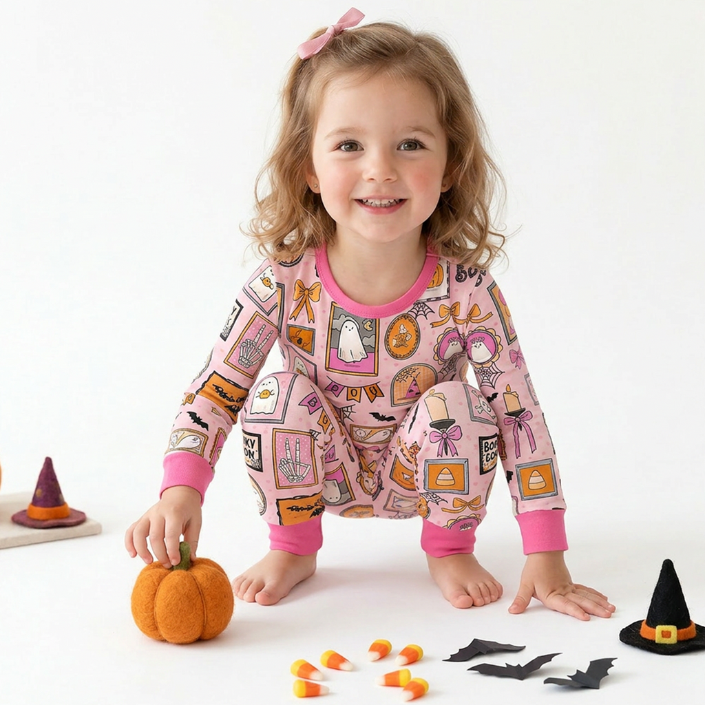 Halloween Pink Spooky Gallery Kids Bamboo Two-Piece Pajama Set