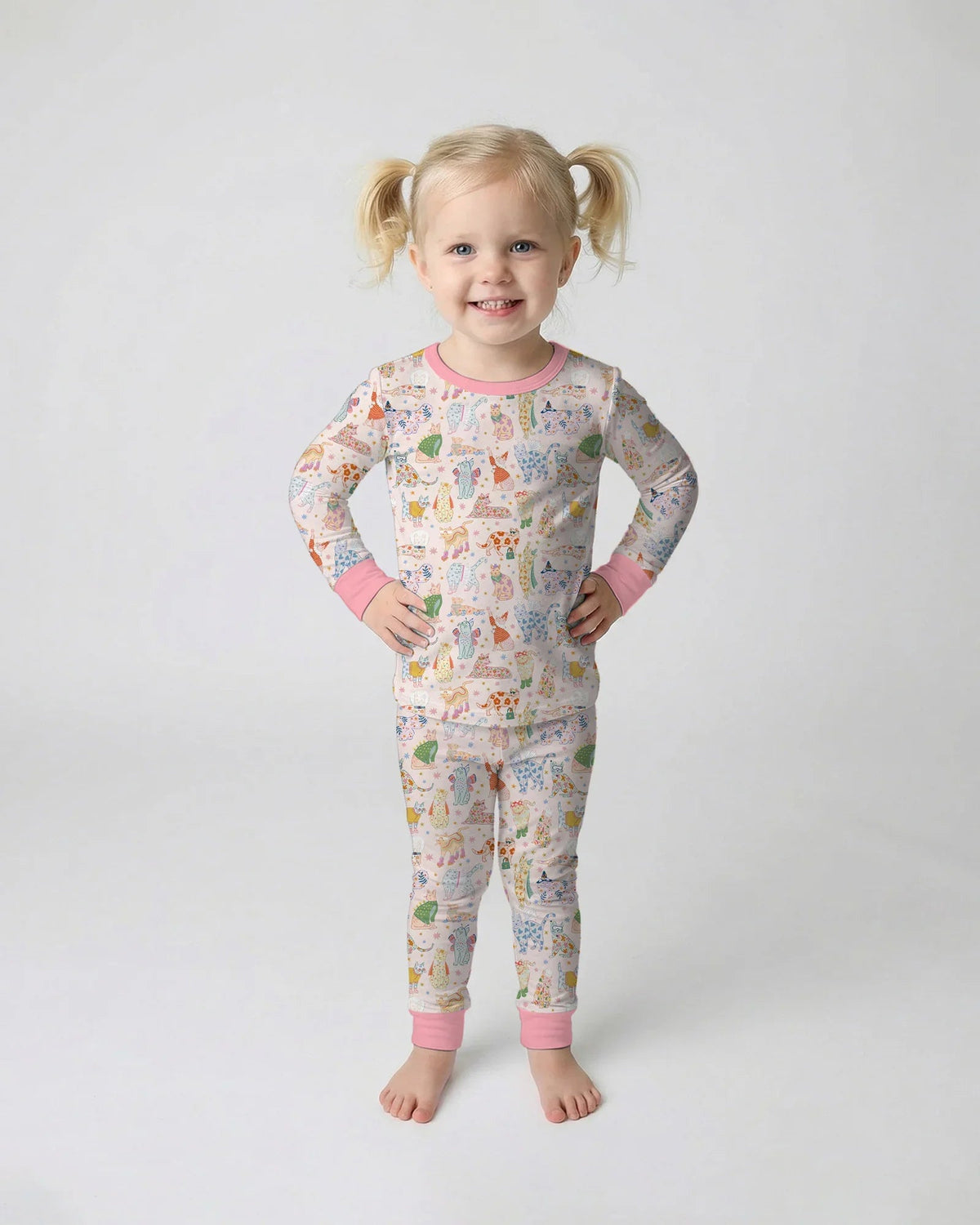 Whimsical Cat Parade Two Piece Long Sleeve Pajama Set