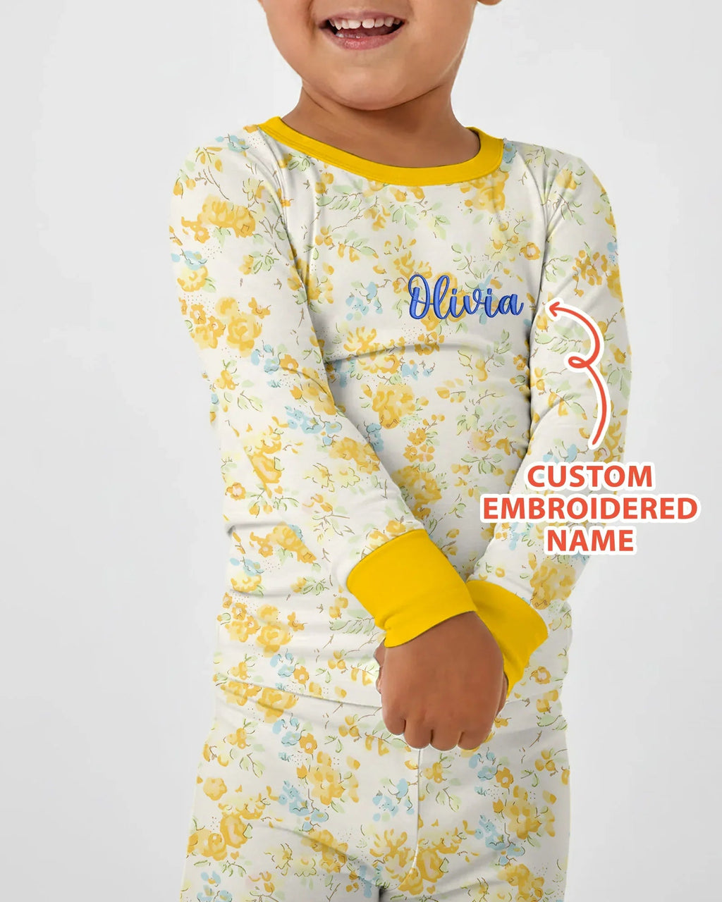 Custom Name Embroidered Floral Bamboo Two Piece Long Sleeve Pajama Set