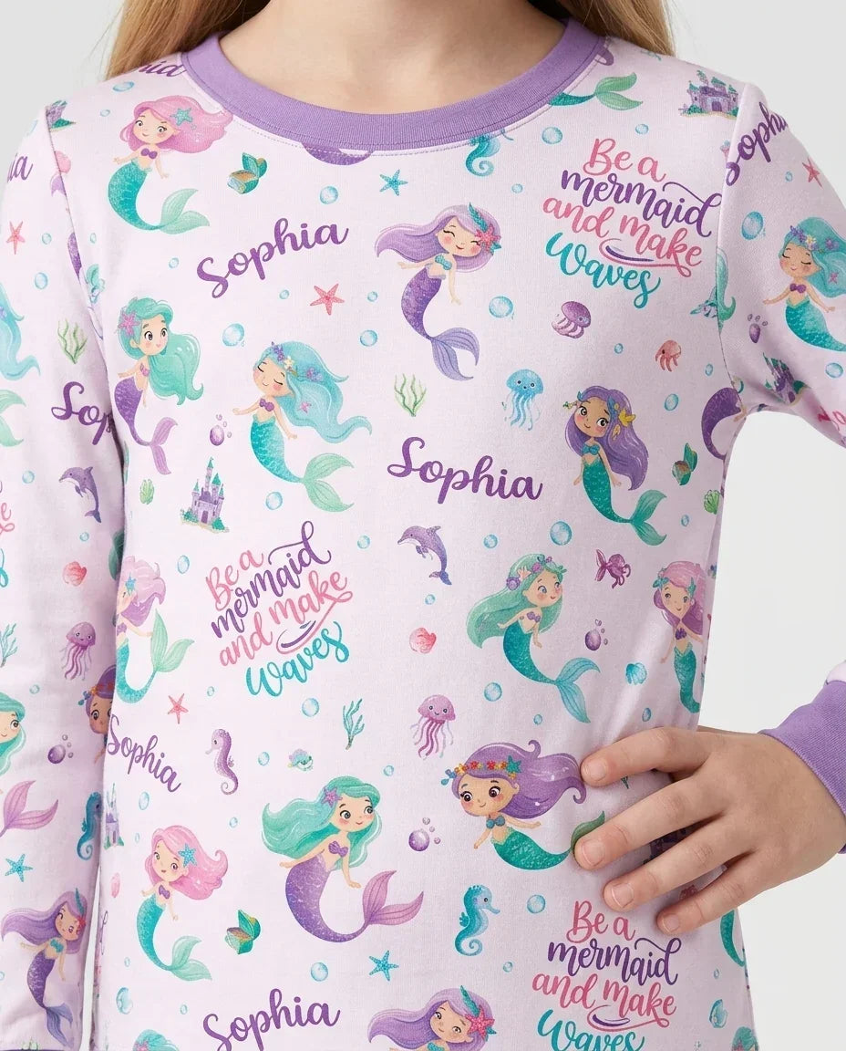 Custom Name Mermaid Make Waves Bamboo Two Piece Long Sleeve Pajama Set