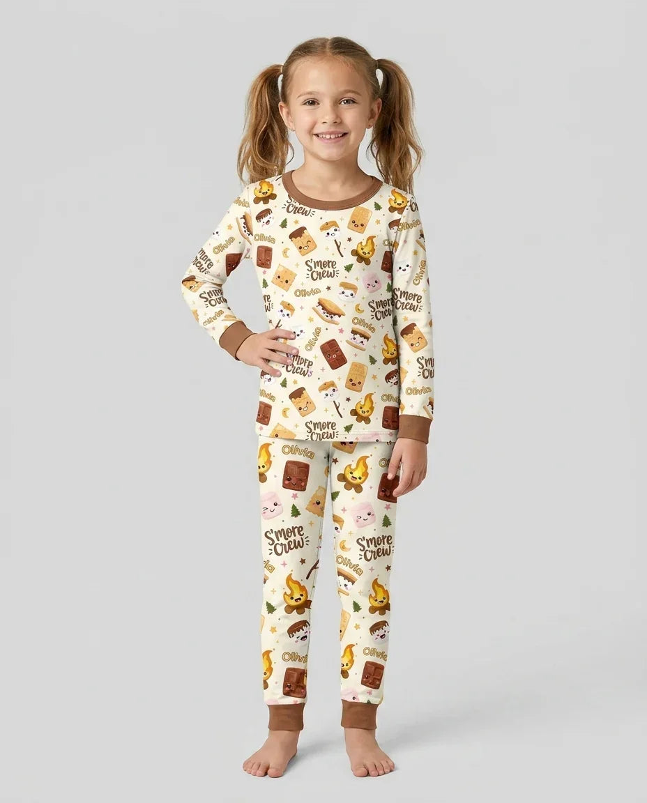Custom Name Kawaii S'more Crew Family Matching Bamboo Two Piece Long Sleeve Pajama Set