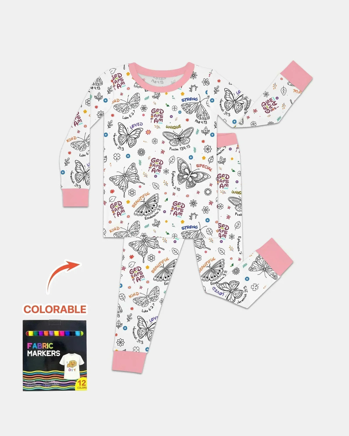 Colorable God Says I Am Butterfly Bamboo Two Piece Long Sleeve Pajama Set