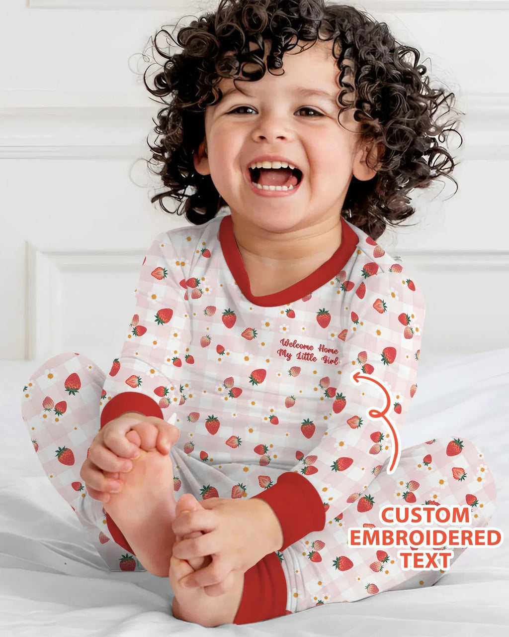 Embroidered Custom Text Strawberry Bamboo Two Piece Long Sleeve Pajama Set